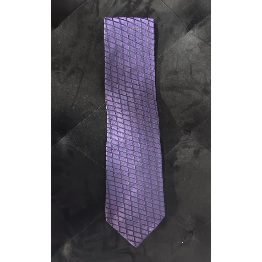 Donna Karan Signature Mens Purple Black Grid Geometric Silk Necktie Tie